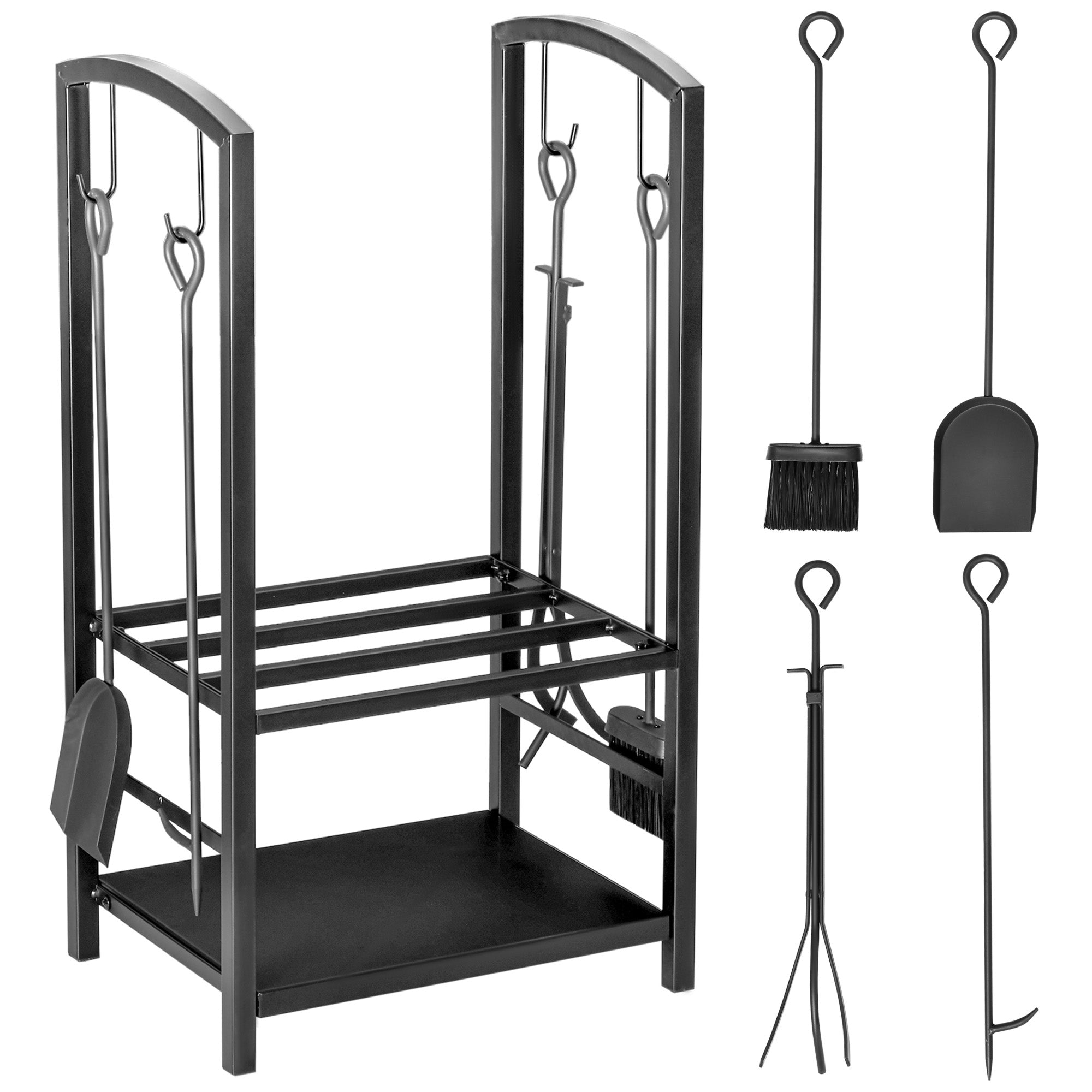 Outsunny Metal Firewood Log Holder 2 Layer Firewood Rack Indoor Outdoor Fireplace Wood Storage Shelf with 4 Tools and Hooks, Black, 40L x 30W x 74.5H cm 