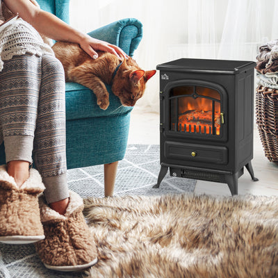 HOMCOM Freestanding Electric Fireplace Indoor Heater Glass View Log Wood Burning Effect Flame Portable Fireplace Stove 950/1850W Black 