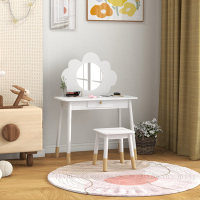 AIYAPLAY Kids Dressing Table with Mirror, Stool, Drawer, Cloud Design, White 