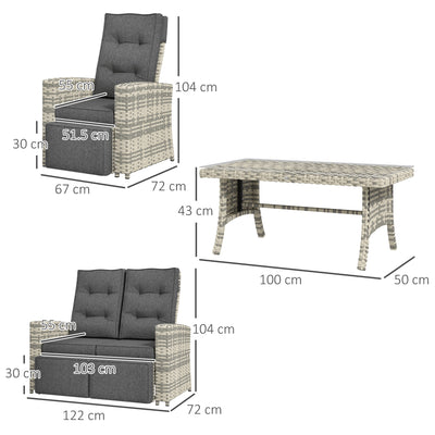 Outsunny 4 Piece Rattan Garden Furniture Set Outdoor Sofa Sectional Set with Glass Top Table for Poolside, Light Grey 