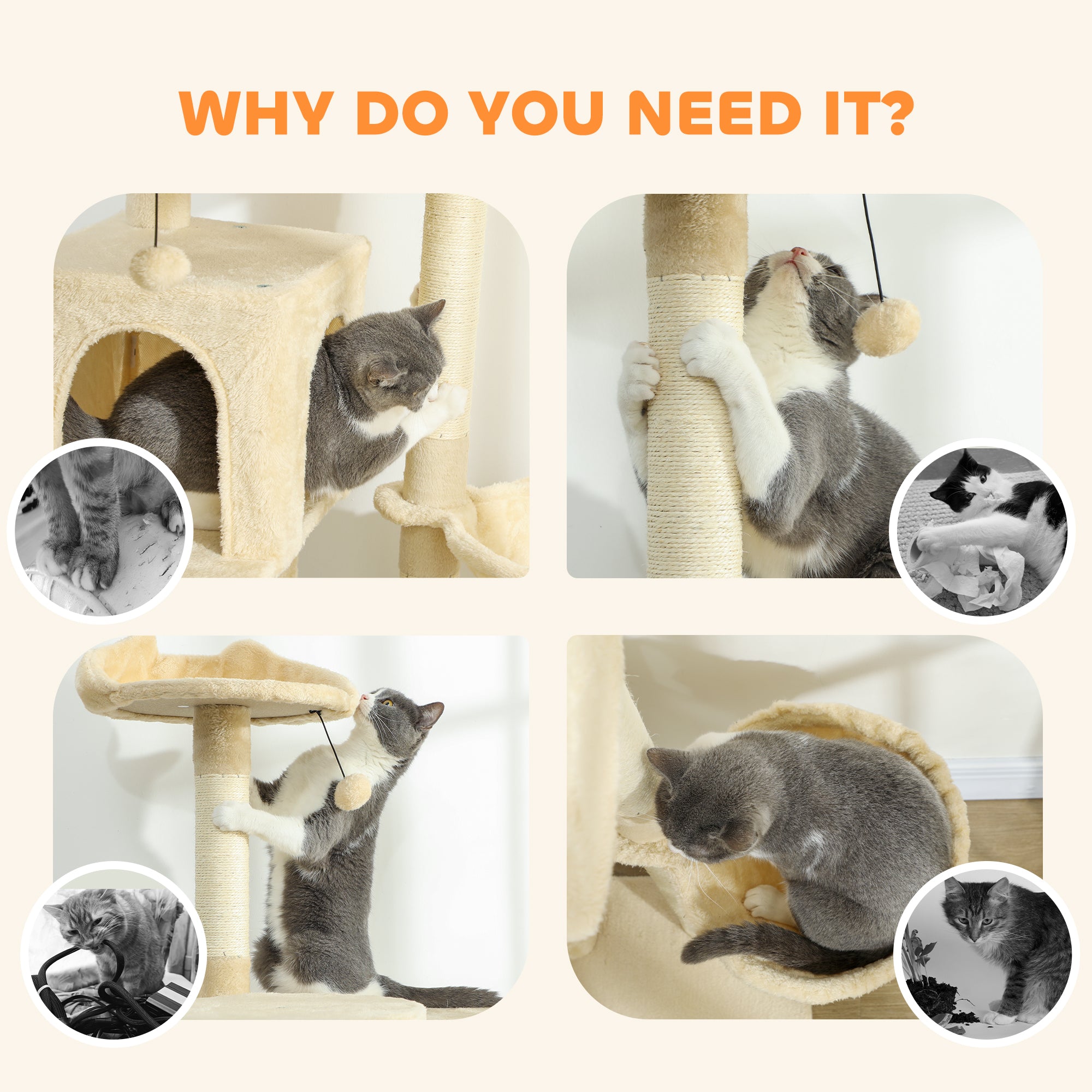 PawHut 140cm Large Cat Tree Tower with Sisal Scratching Posts, Plush Perches, Hammock, Beige 