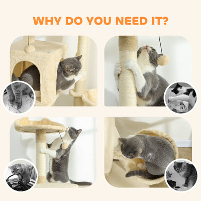 PawHut 140cm Large Cat Tree Tower with Sisal Scratching Posts, Plush Perches, Hammock, Beige 