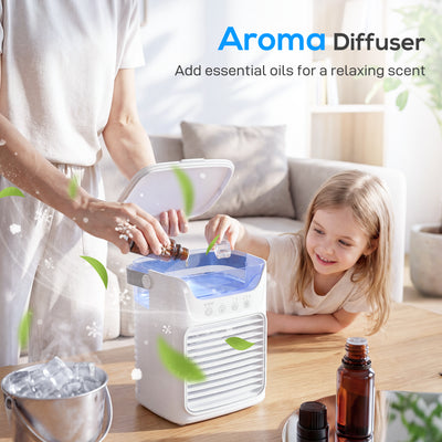 HOMCOM Air Cooler with Adjustable Head, Portable Air Conditioner with 3 Wind Speed, 2 Cool Mist, RGB Light, White 