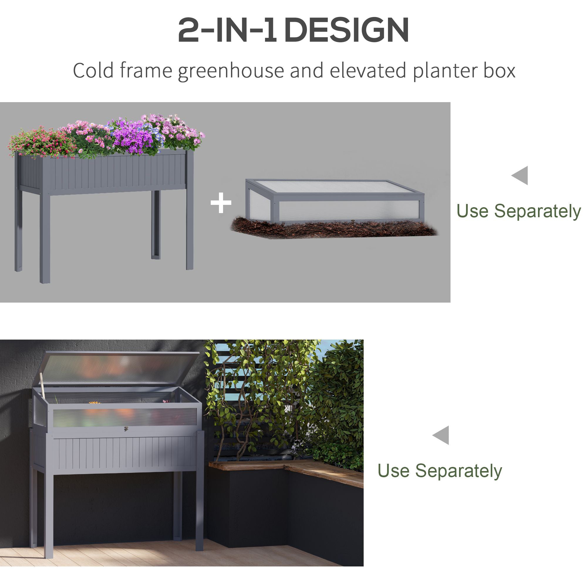 Outsunny Raised Garden Bed 2-IN-1 Wood Cold Frame Greenhouse with Elevated Garden Box, Openable Top for Flowers, Vegetables, Plants, Grey 