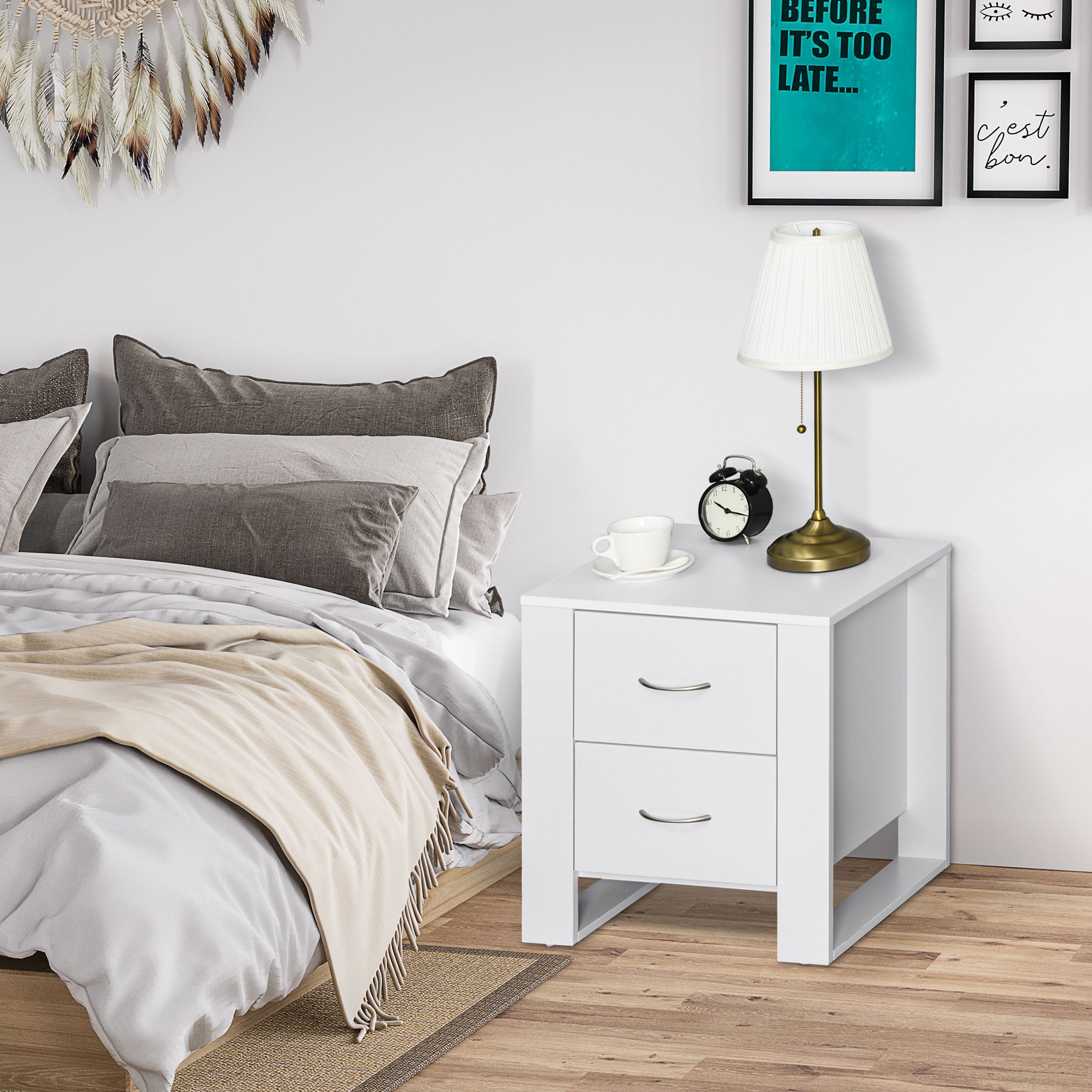 HOMCOM Bedside Table with 2 Drawers, Nightstand with Handles and Elevated Base, Side Table for Bedroom, Living Room, White 