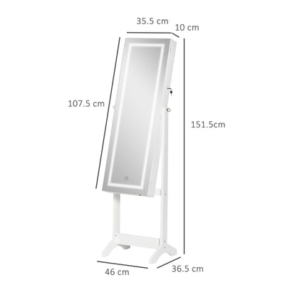 HOMCOM Jewellery Cabinet with LED Light, Lockable Jewellery Organiser with Full-Length Mirror for Bedroom Dressing Room, White 