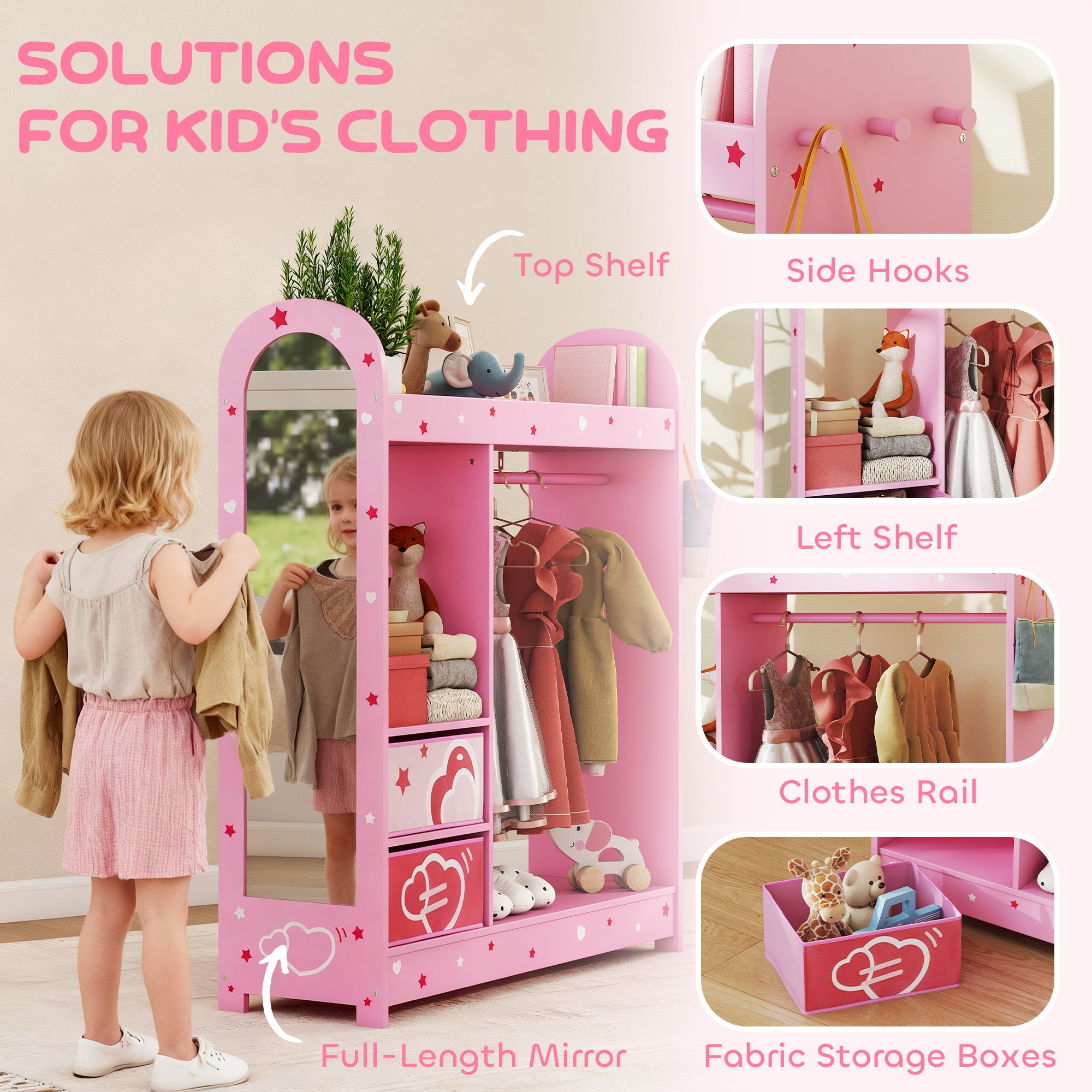 AIYAPLAY Kids Clothes Rail, Kids Wardrobe with Mirror, Shelves, Fabric Storage and Hooks for Bedroom, Nursery, Pink 