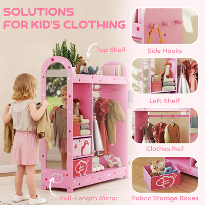 AIYAPLAY Kids Clothes Rail, Kids Wardrobe with Mirror, Shelves, Fabric Storage and Hooks for Bedroom, Nursery, Pink 