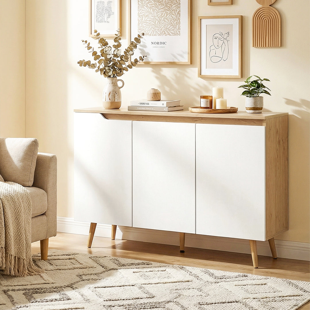 HOMCOM Sideboard Storage Cabinet, Kitchen Cupboard with 3 Doors, 2 Adjustable Shelves and 5 Rubberwood Legs, White and Oak