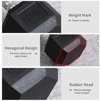 HOMCOM 17.5KG Single Rubber Hex Dumbbell Portable Hand Weights Dumbbell Home Gym 
