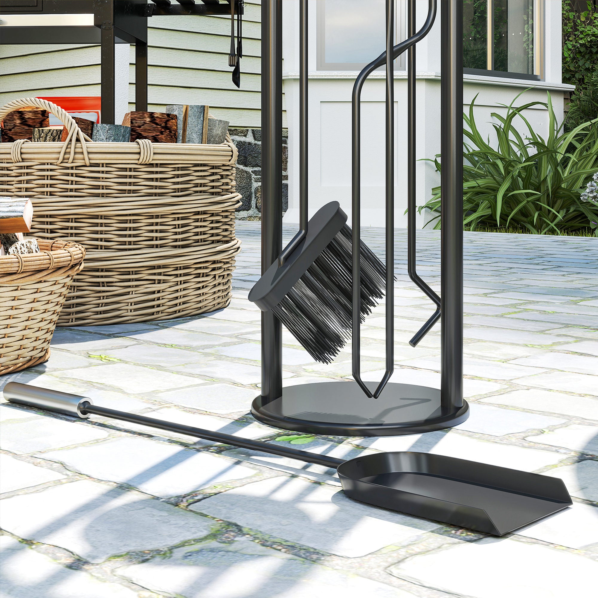 Outsunny 5 Pieces Fireplace Tools Set, Metal Fireplace Accessories Fireside Companion Set with Broom, Shovel, Poker and Bucket, Silver