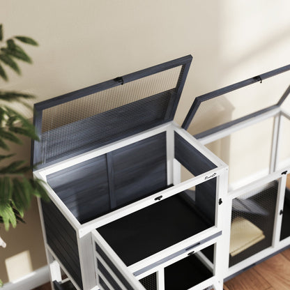 PawHut Wooden Rabbit Hutch with Run, 2-Tier Guinea Pig Hutch with Run, Wheels, 3 Plastic Trays, 2 Openable Top, for 2-3 Rabbits 