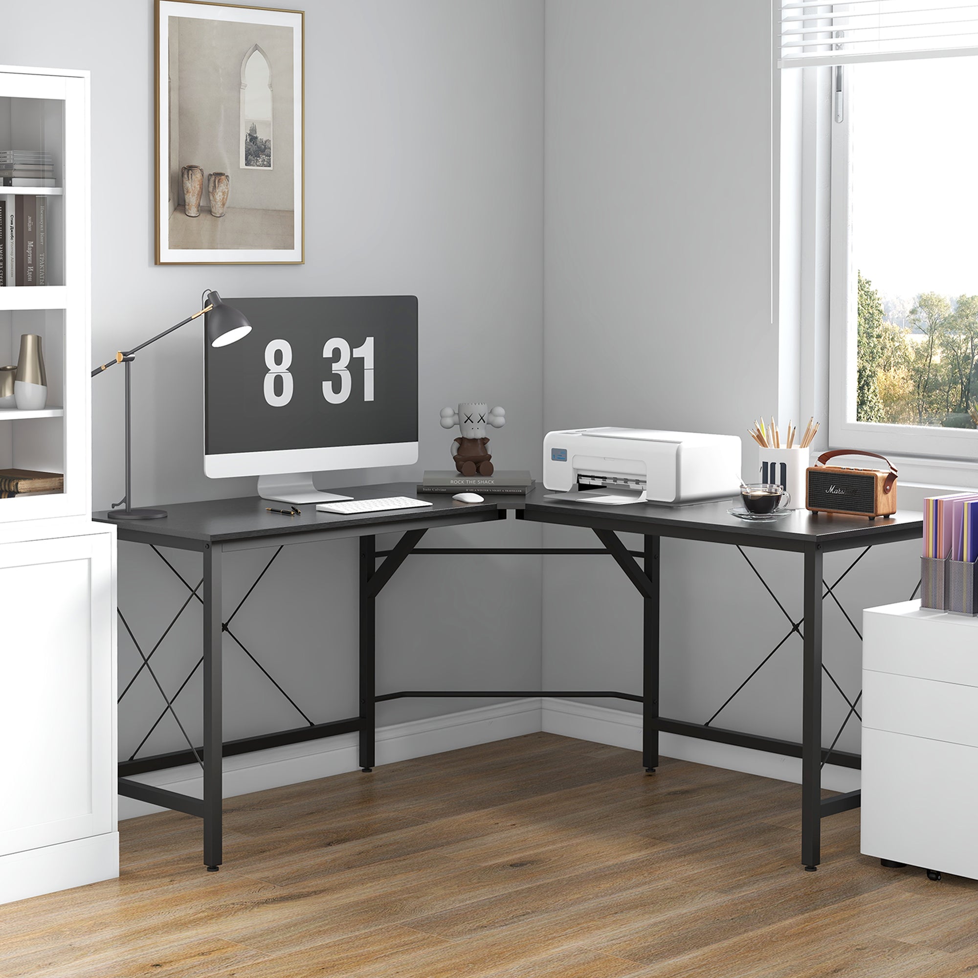 HOMCOM L-Shaped Corner Desk, Computer Desk for Home Office, Space-Saving Study Workstation, Easy to Assemble, 150 x 150 x 76cm, Black 