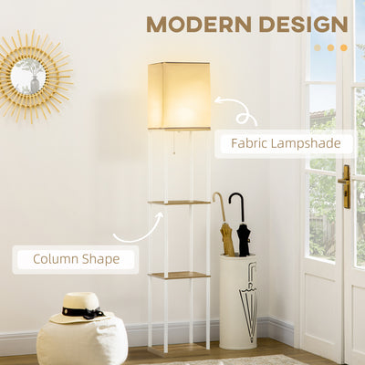 HOMCOM Modern Floor Lamp with Shelves, 3 Layer Shelf Tall Standing Lamp with Fabric Lampshade, Pull Chain Switch for Living Room, Bedroom, Bulb not Included, White 