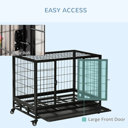 PawHut 38" Heavy Duty Metal Dog Crate Pet Cage with Tray Wheeled Dog Kennel - Black (Medium) 