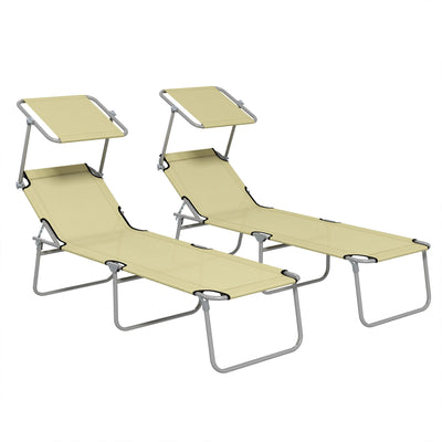 Outsunny Outdoor Foldable Sun Lounger Set of 2, 4 Level Adjustable Backrest Reclining Sun Lounger Chair with Angle Adjust Sun Shade Awning for Beach, Garden, Patio, Beige 