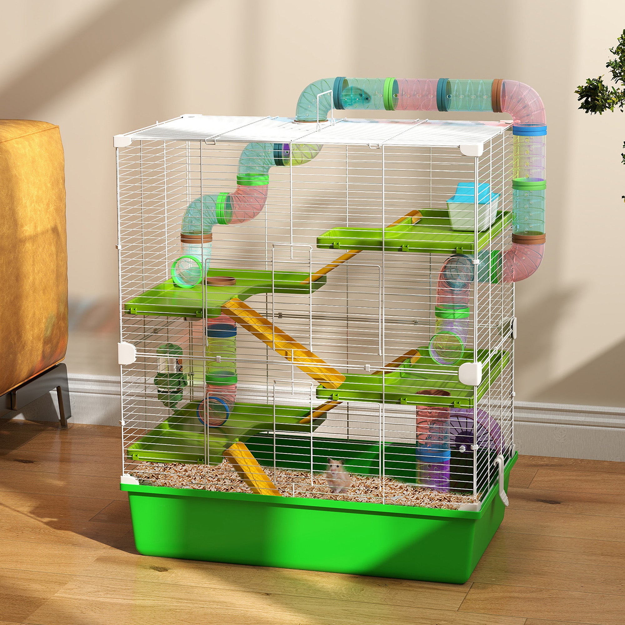 PawHut Hamster Cage w/ Water Bottle, Exercise Wheel, Tubes, Ramps - Green 