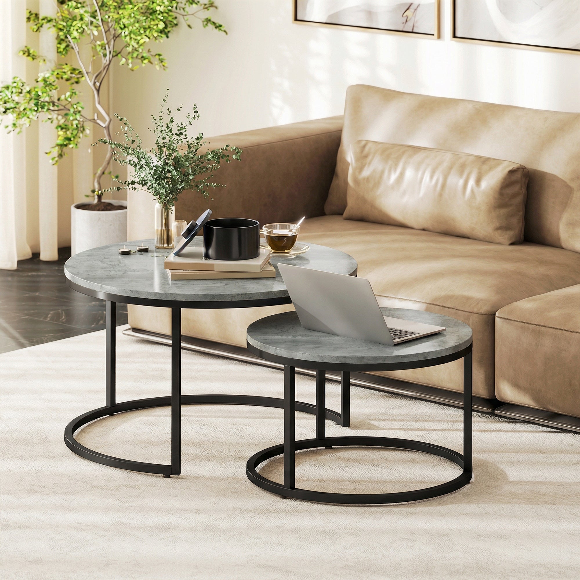 HOMCOM Set of Two Cement-Effect Stacking Tables - Grey 