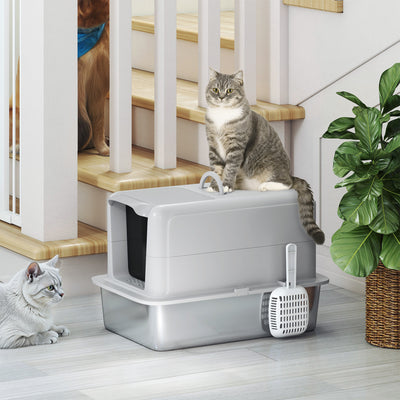 PawHut Stainless Steel Cat Litter Box with Removable Lid, Scoop, Filter Bags, for Larger Cats, Grey 