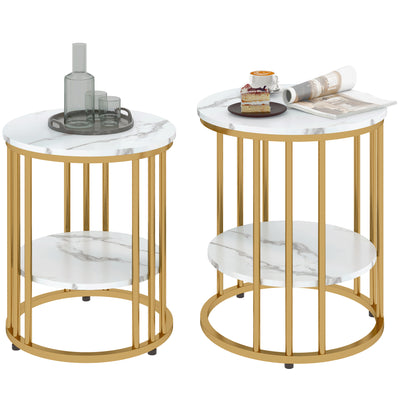 HOMCOM Set of Two Marble-Effect Coffee Tables - White/Gold-Tone 