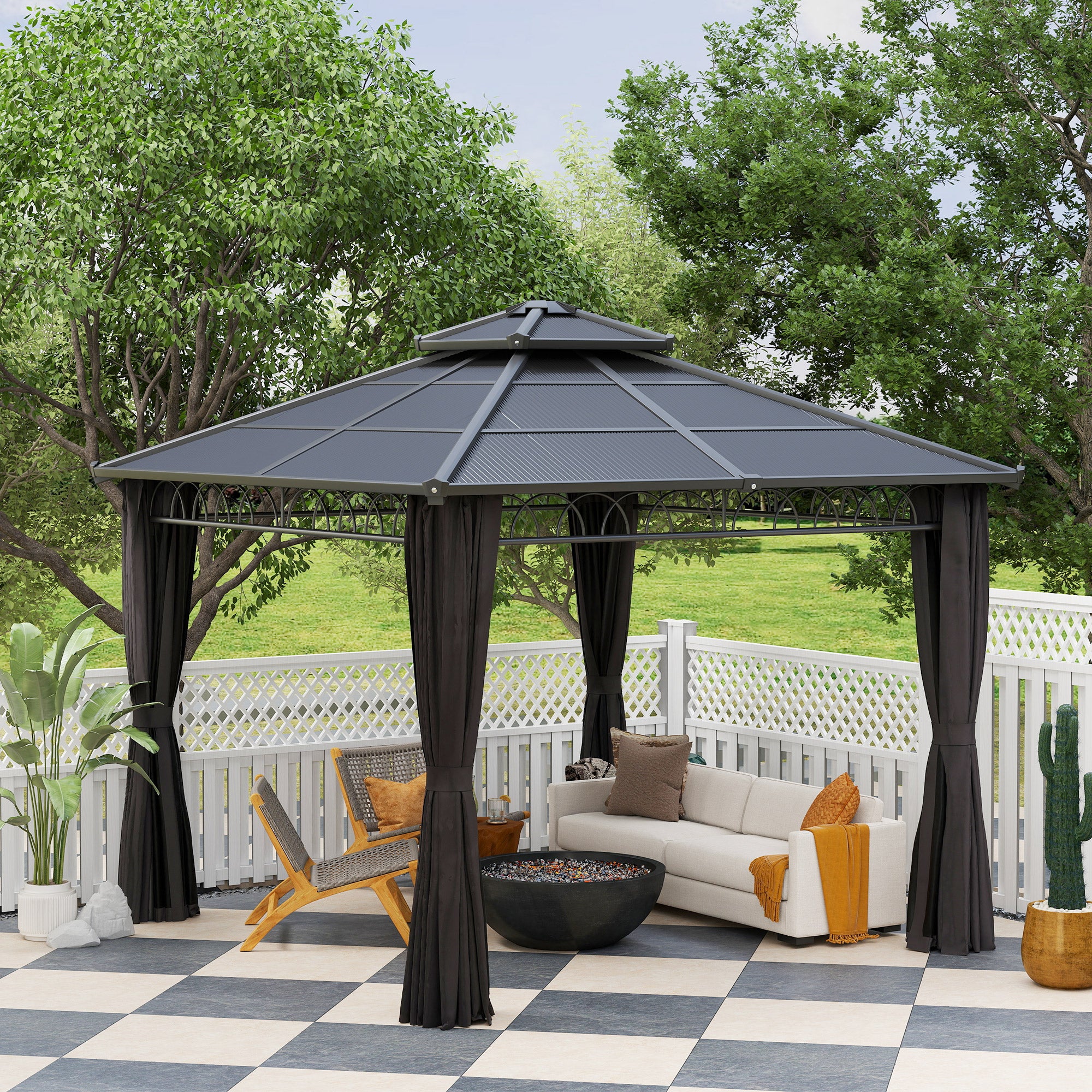 Outsunny 3 x 3 (m) Outdoor Polycarbonate Gazebo, Double\'c2\'a0Roof Hard Top Gazebo with\'c2\'a0Galvanised Steel Frame, Nettings\'c2\'a0&\'c2\'a0Curtains for Garden, Lawn, Patio and Deck, Dark Grey