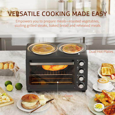 HOMCOM 28L Mini Oven with 2 Hot Plates, Countertop Toaster Oven, Grill, Roast, Bake, Boil, with Timer, Adjustable Temperature, Electric Oven with Baking Tray, Grill Rack, Crumb Tray, 2600W, Black 