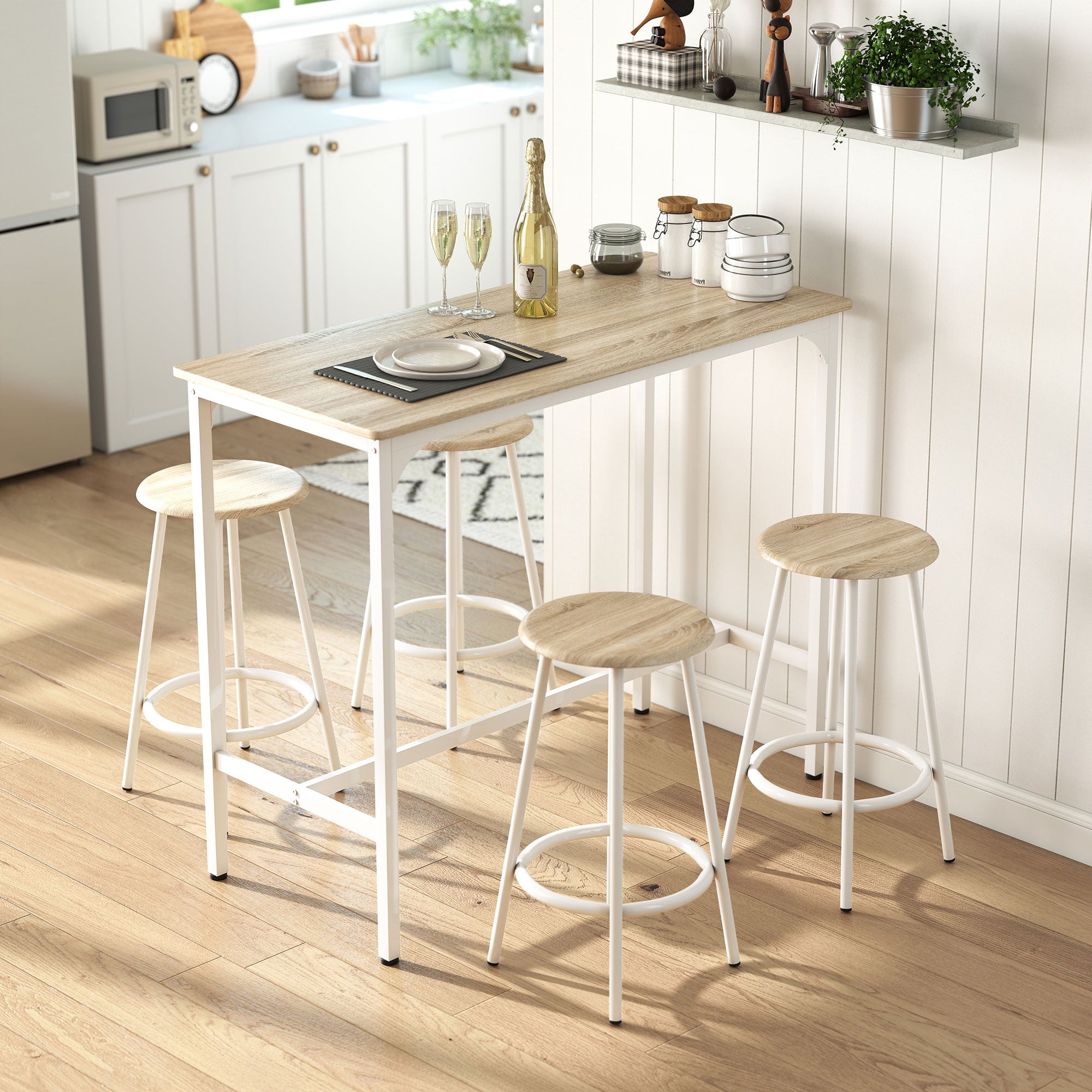 HOMCOM 5 Piece Bar Table Set for 4 with Stools, Metal Frame, Footrest for Kitchen Natural Wood 