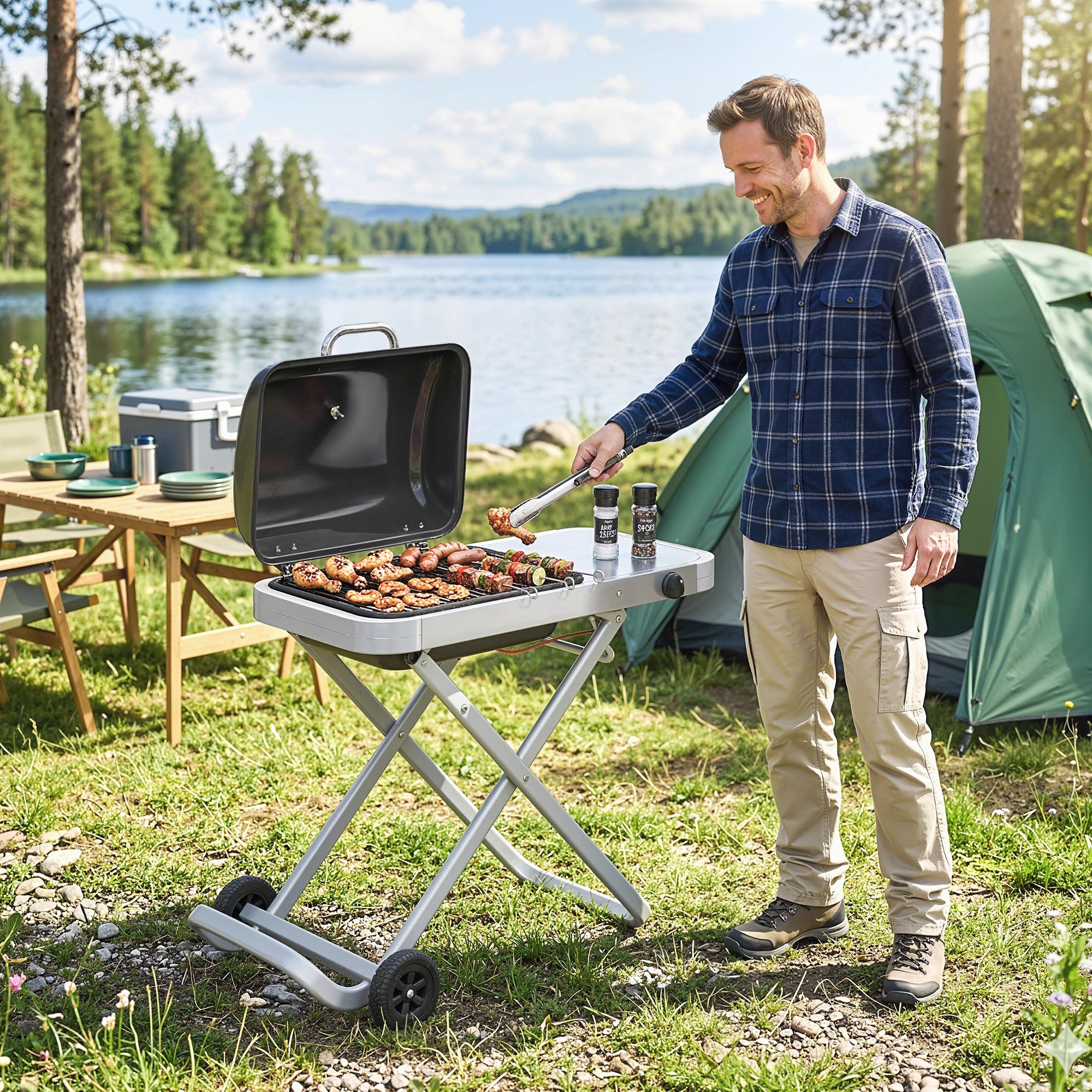 Outsunny Foldable Gas BBQ Grill with Side Table, Portable Gas Barbecue Grill with Thermometer, Grease Box, Wheels, 2.5 kW, Black 