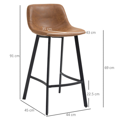 HOMCOM Bar Stools Set of 2, Industrial Kitchen Stool, Upholstered Bar Chairs with Back, Steel Legs, Brown 