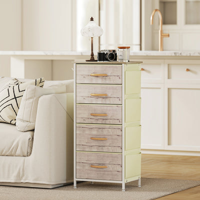 HOMCOM Chest of Five Fabric Drawers - Natural Wood Finish 