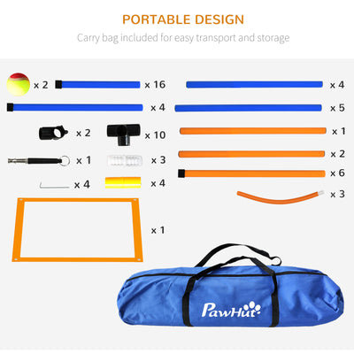 PawHut Dog Agility Training Equipment with Weave Poles, Jump Ring, Pause Box, Adjustable Hurdle, Carry Bag, Orange 