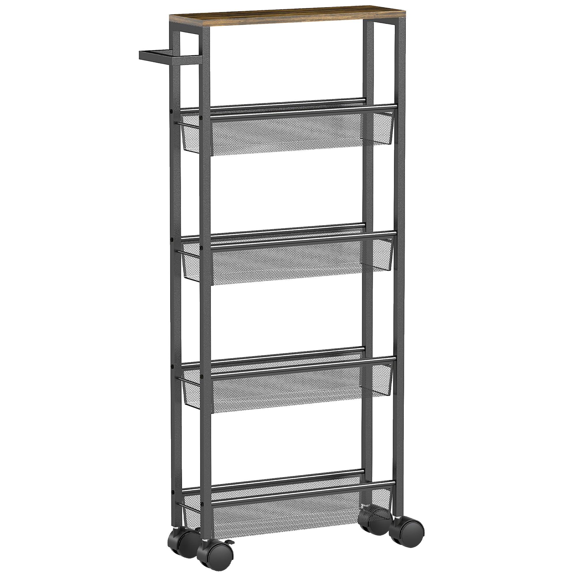 HOMCOM Slim Storage Trolley, 5-Tier Kitchen Cart on Wheels with Wood-effect Top, Handle for Living Room, Bathroom, Black 