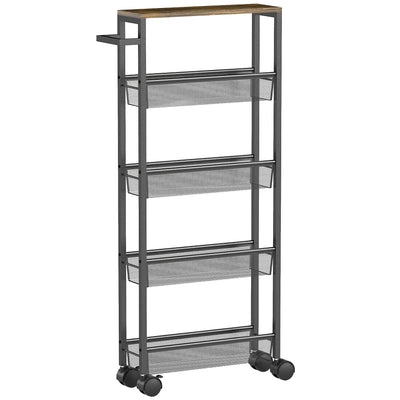 HOMCOM Slim Storage Trolley, 5-Tier Kitchen Cart on Wheels with Wood-effect Top, Handle for Living Room, Bathroom, Black 