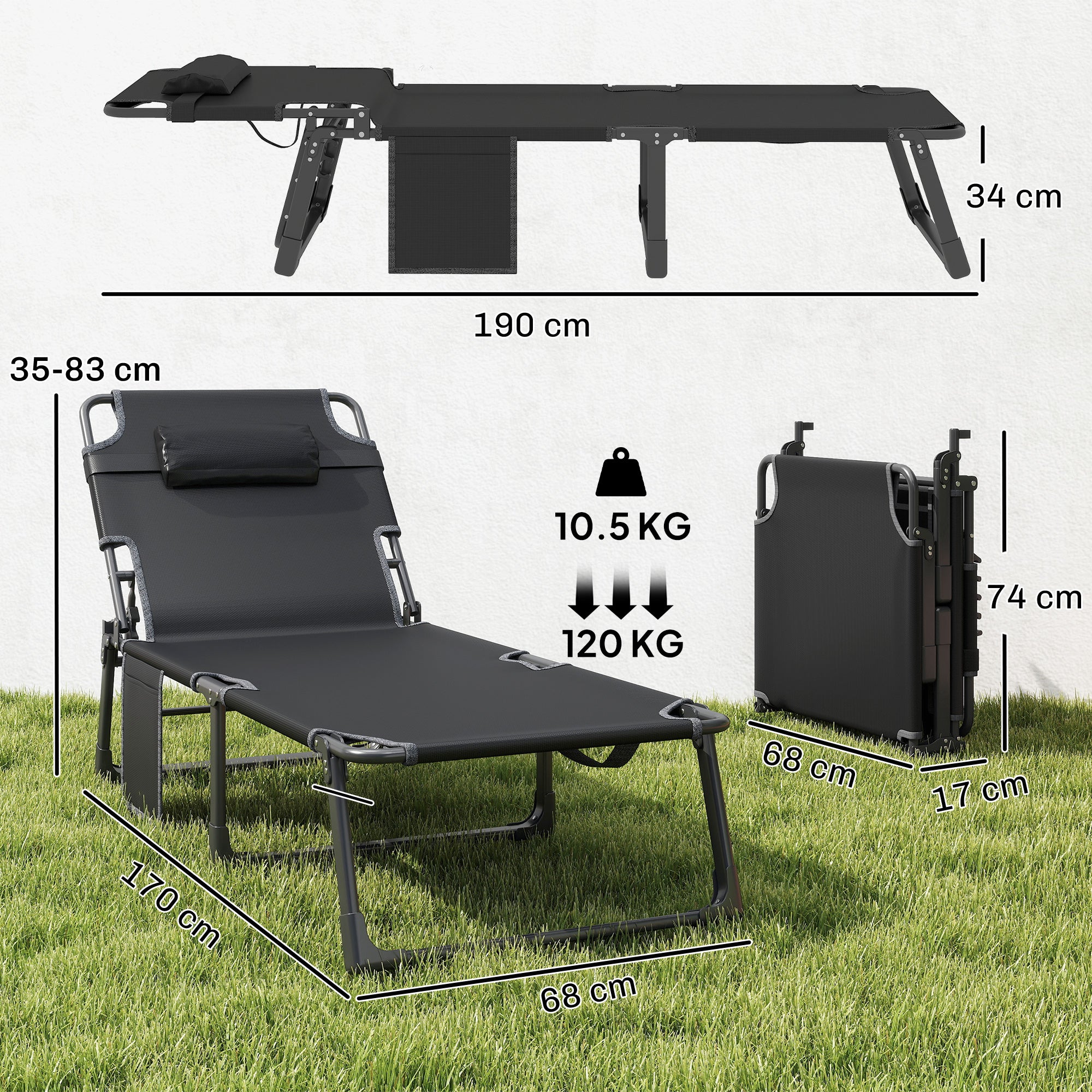 Outsunny Folding Sun Lounger for Garden, 5-Position Oversized Camping Bed Recliner with Cushions, Blue 