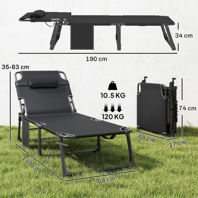 Outsunny Folding Sun Lounger for Garden, 5-Position Oversized Camping Bed Recliner with Cushions, Blue 