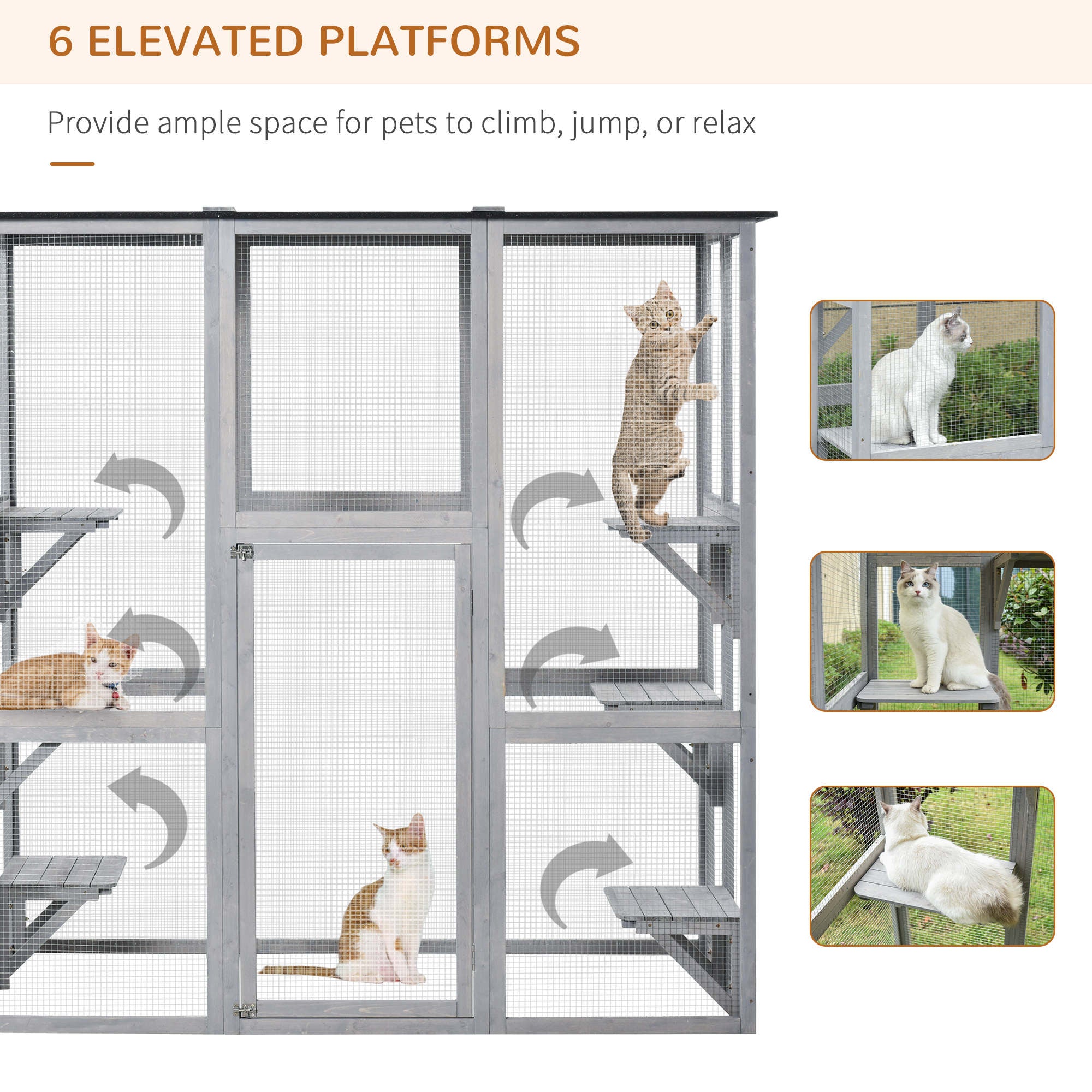 PawHut Wooden Catio Cat Outdoor Enclosure, Cat Cage with Waterproof Roof, Platforms, for Multiple Kittens, 180 x 98 x 180 cm 