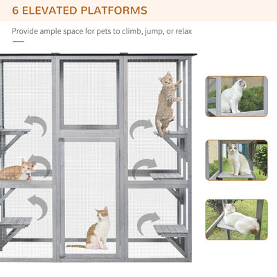 PawHut Wooden Catio Cat Outdoor Enclosure, Cat Cage with Waterproof Roof, Platforms, for Multiple Kittens, 180 x 98 x 180 cm 