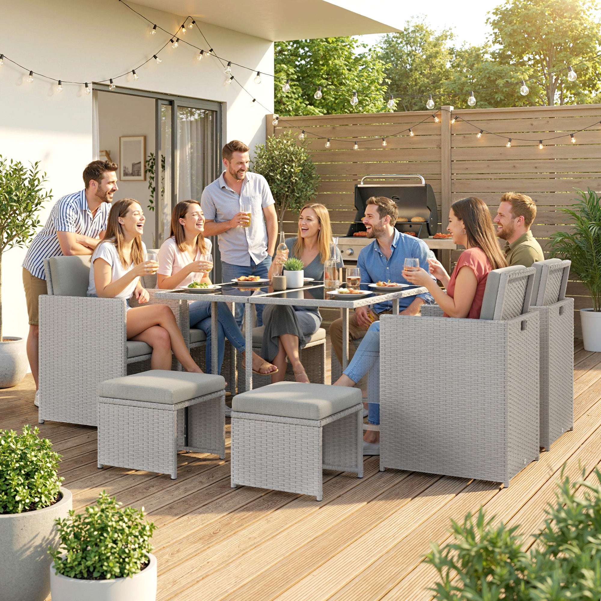 Outsunny 9 Piece Rattan Cube Garden Furniture Dining Set with Armchairs, Footstools and Glass-Top Table, Light Grey 