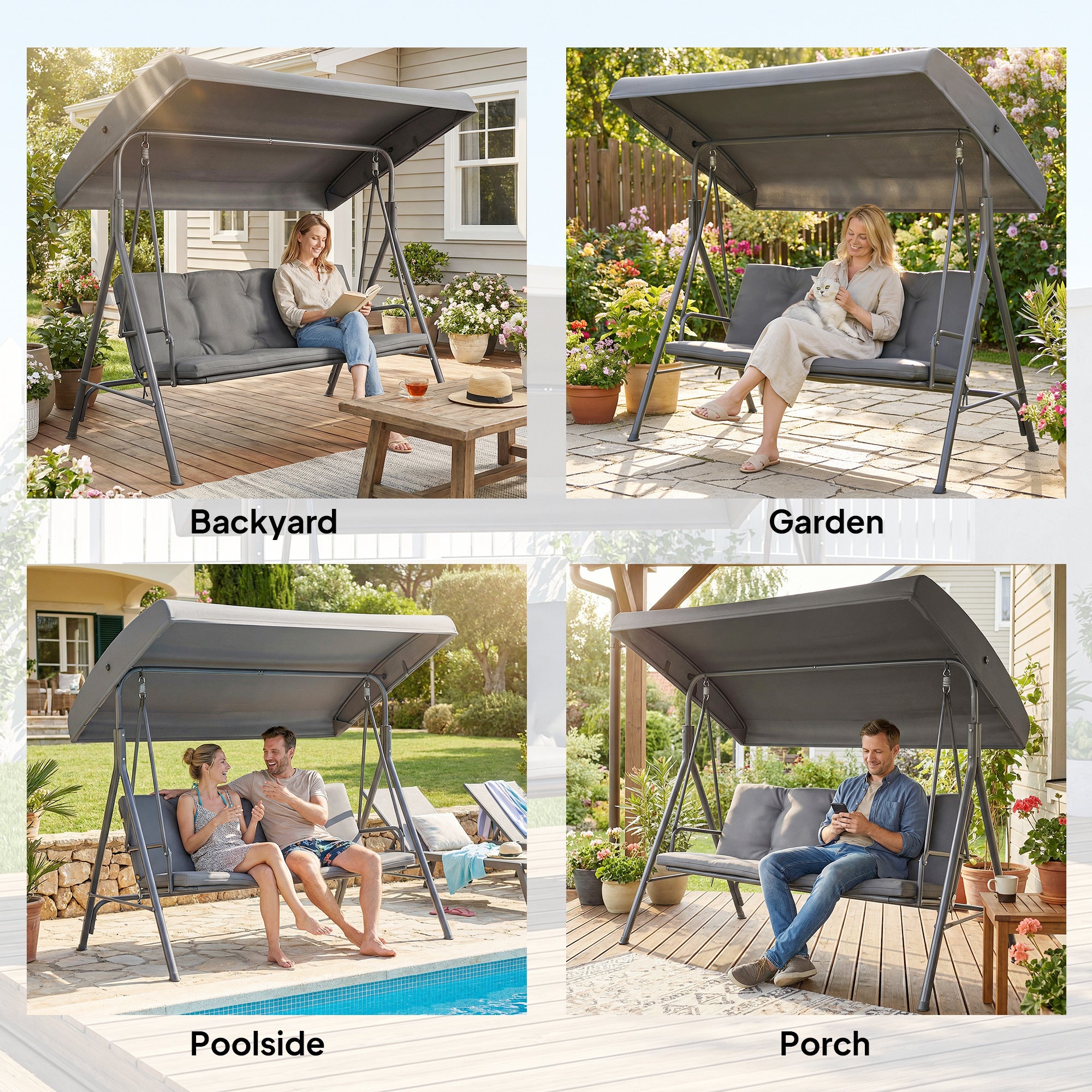 Outsunny 3 Seater Garden Swing Chair, Patio Rocking Bench with Tilting Canopy, Removable Cushion and Steel Frame, Dark Grey 