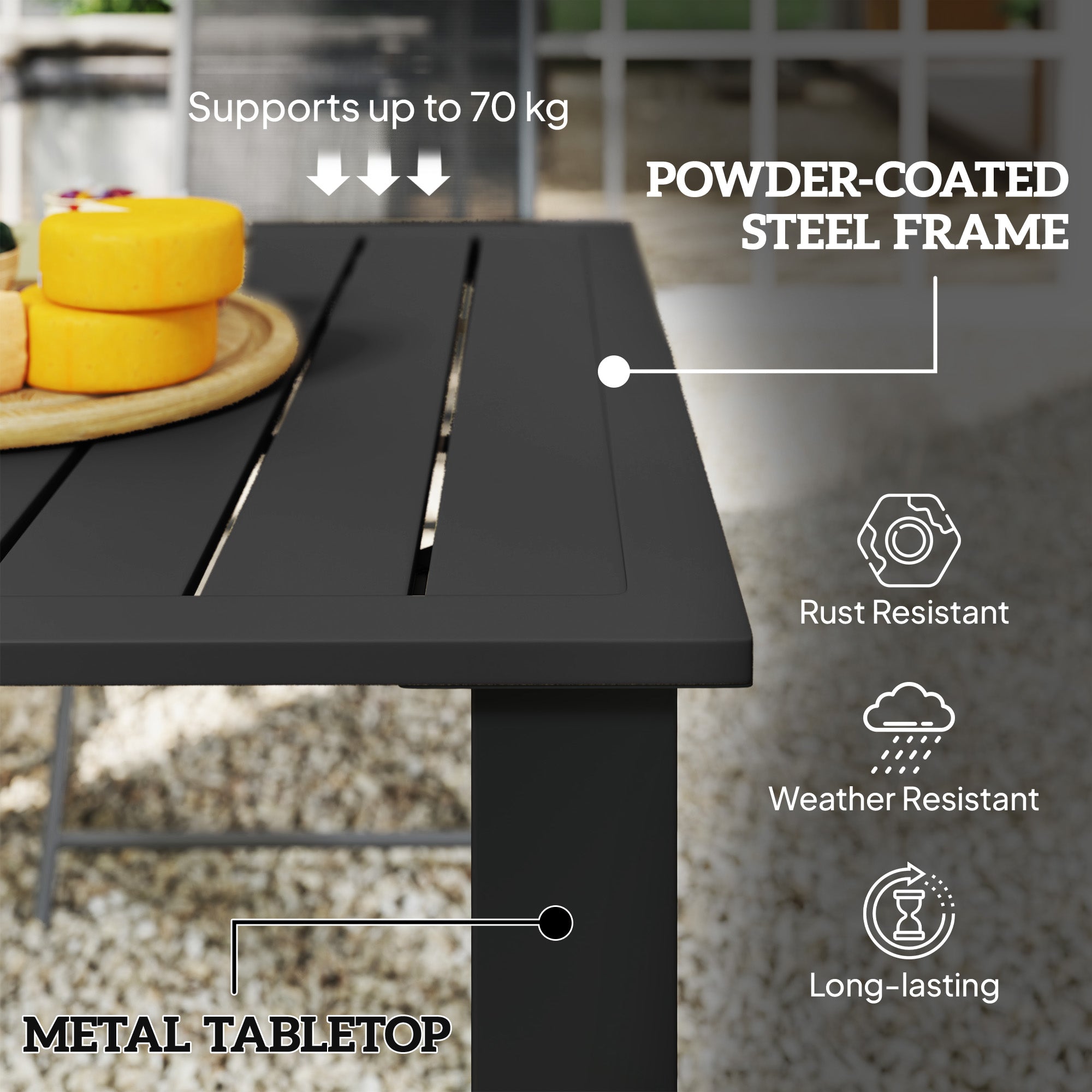 Outsunny Garden Table with Parasol Hole for 6 Person, Rectangle Outdoor Dining Table with Slatted Metal Tabletop, Steel Frame for Patio, Balcony, 150 x 90 x 73 cm, Black 