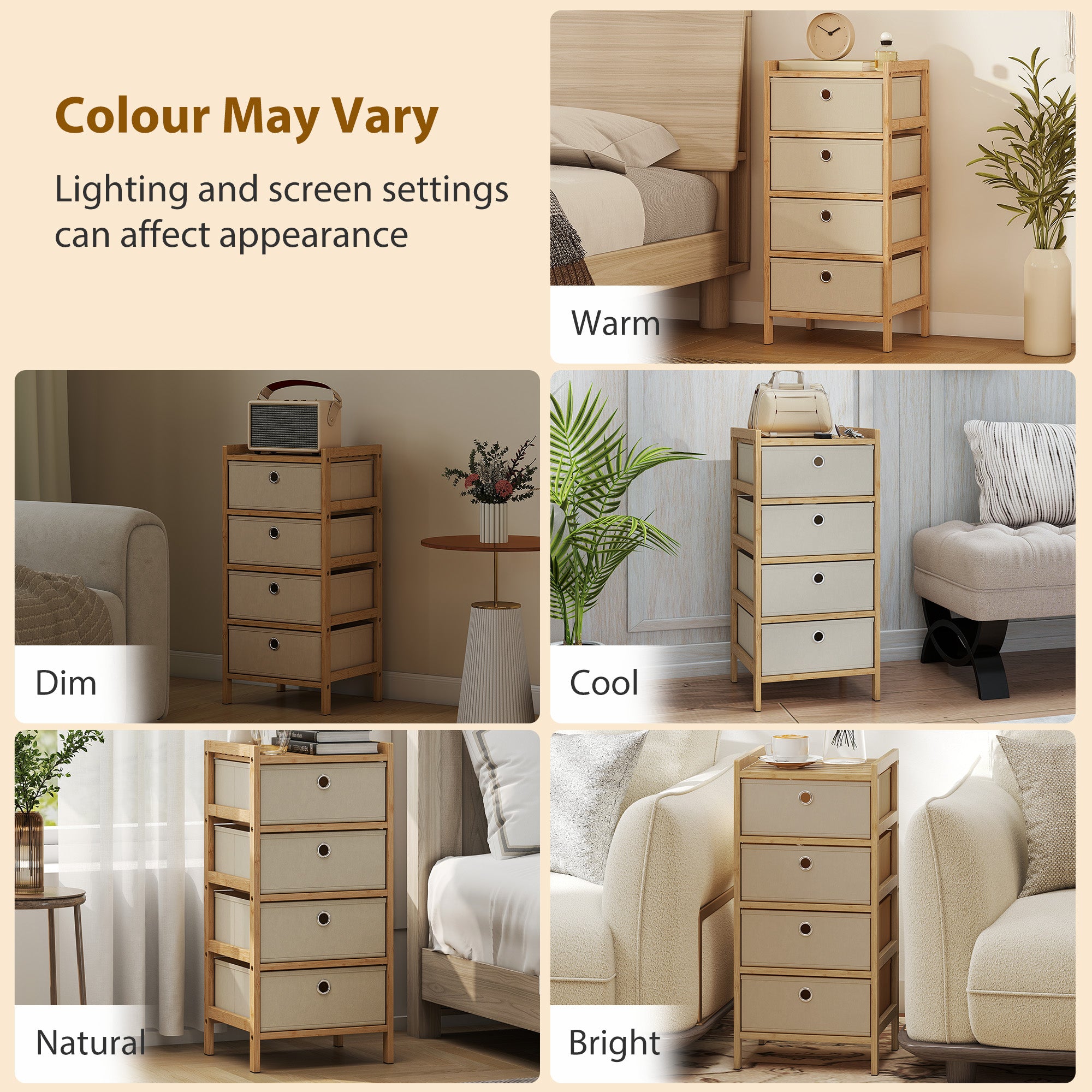 HOMCOM Chest of Drawers, 4 Fabric Drawers Narrow Dresser with Bamboo Frame, Cream White 
