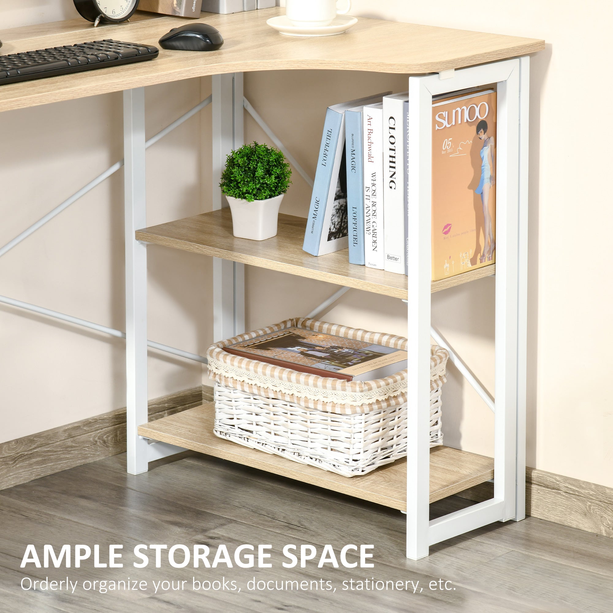 HOMCOM Folding Desk, L Shaped Desk, Corner Computer Desk with 2-Tier Storage Shelf for Home Office, Study Room, Workstation, Easy Assembly, 120 x 72.5 x 76.5cm, Oak Tone 