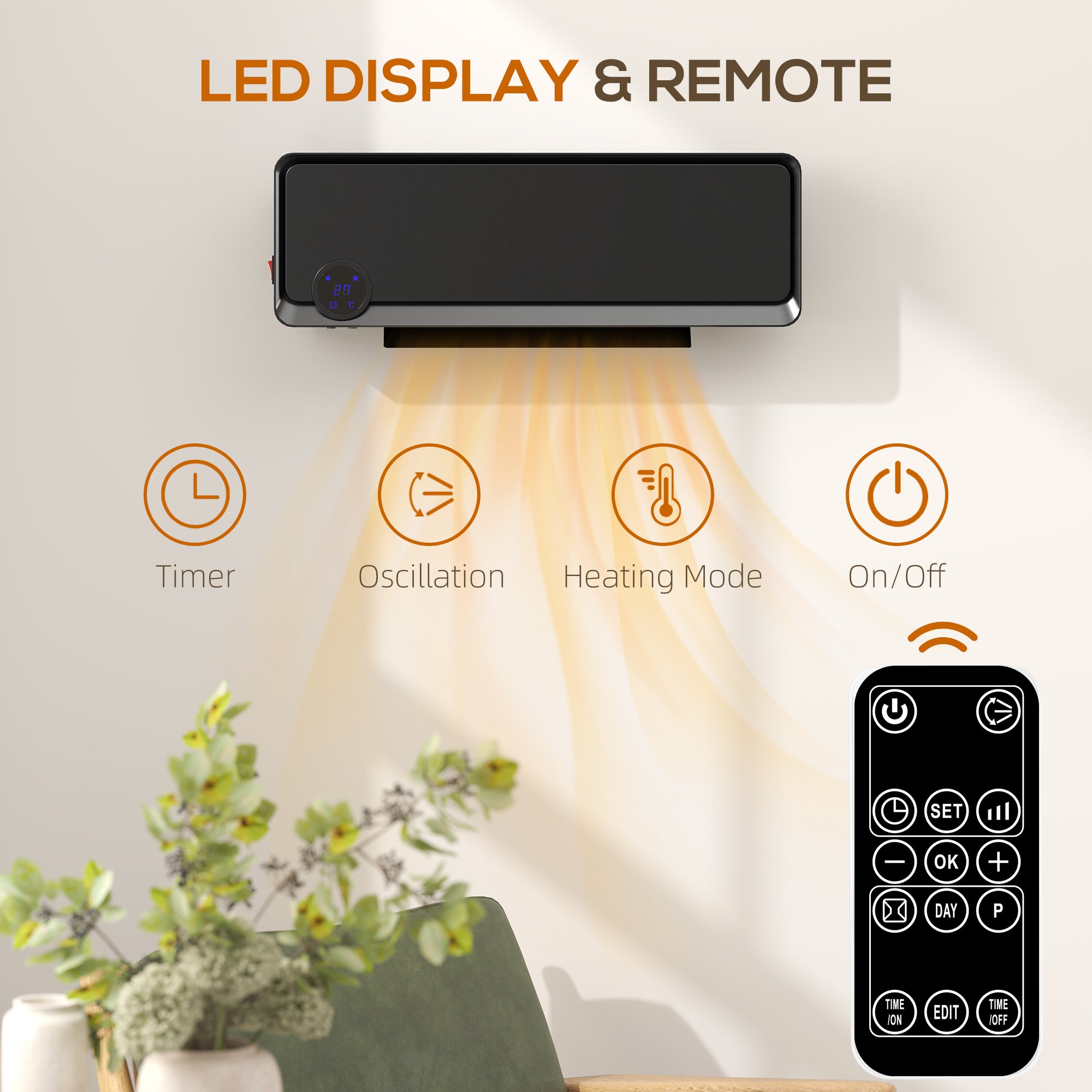 HOMCOM Wall Downflow Heater 2 Heat and Fan 1000W/2000W, Electric Space Heater with Timer Remote Oscillating, for Bedroom Home Office, Black