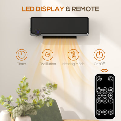 HOMCOM Wall Downflow Heater 2 Heat and Fan 1000W/2000W, Electric Space Heater with Timer Remote Oscillating, for Bedroom Home Office, Black 