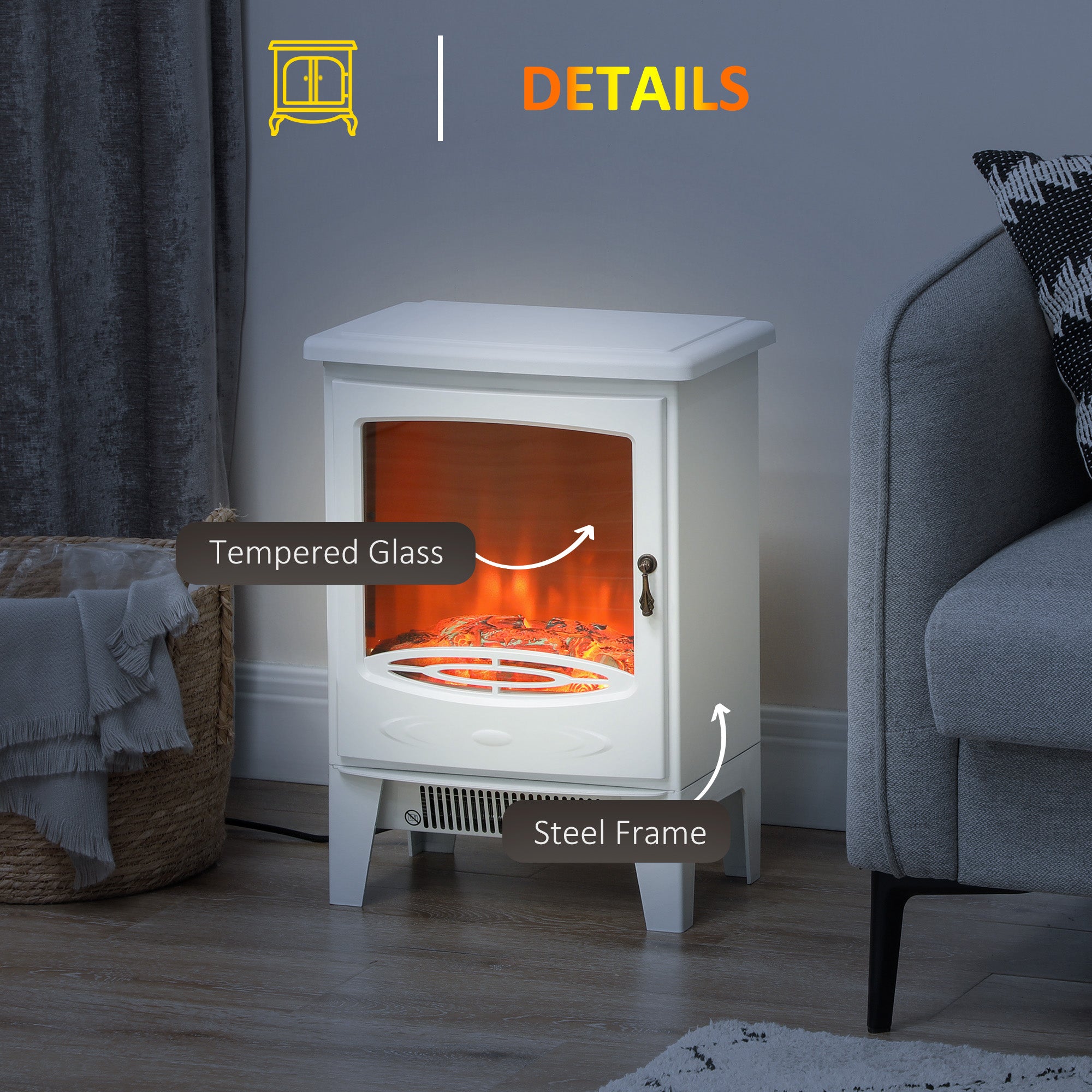 HOMCOM Tempered Glass Casing Electric Fireplace, Freestanding Electric Fire with Realistic Flame Effect, Log Burner with Overheat Protection, 950w/ 1850W, White 