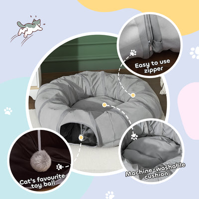PawHut 2 in 1 Cat Tunnel with Bed, Cat Play Tunnel with Ball & Peek Hole for Indoor Cats, Grey 