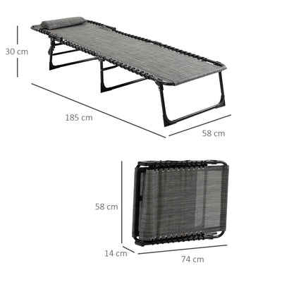Outsunny Portable Sun Lounger Set of 2, Folding Camping Bed Cot, Reclining Lounge Chair 5-position Adjustable Backrest with Side Pocket, Pillow for Patio Garden Beach Pool, Mixed Grey 