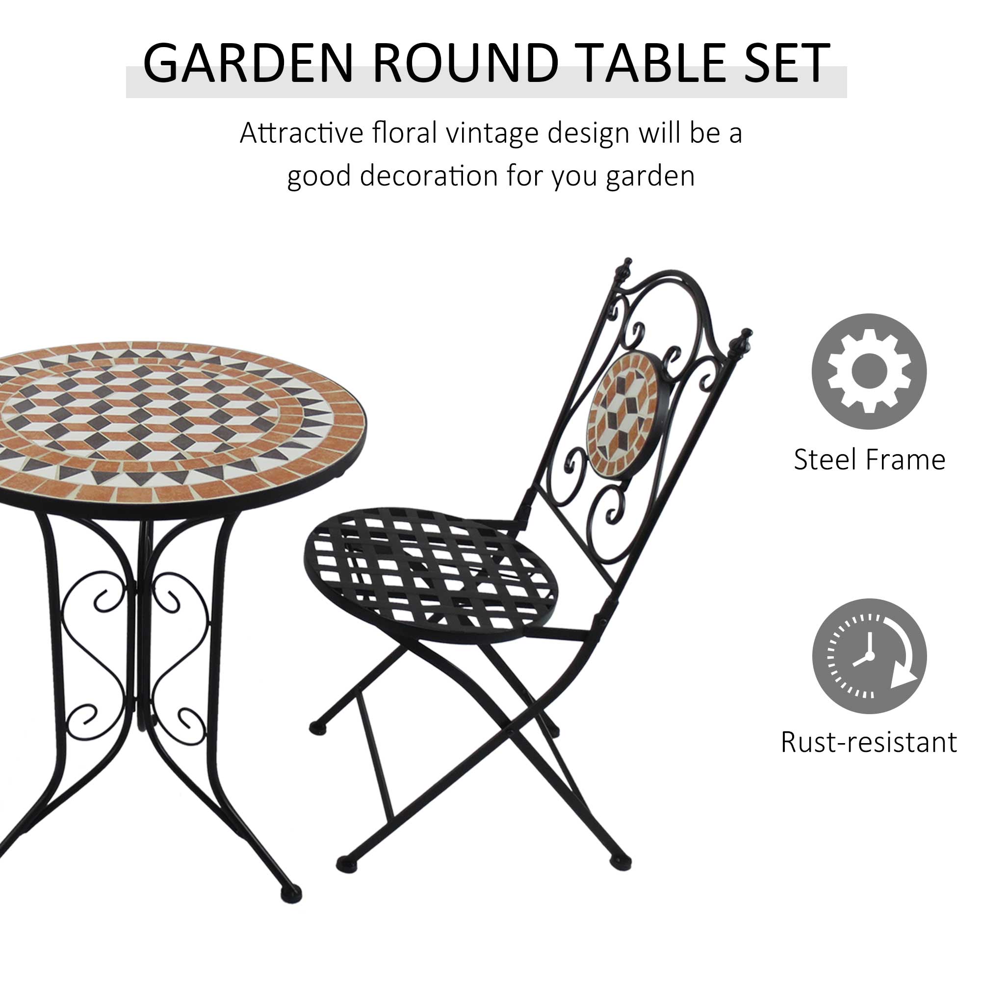 Outsunny 3 PCs Garden Mosaic Bistro Set Outdoor Patio 2 Folding Chairs & 1 Round Table  Outdoor Furniture Vintage 