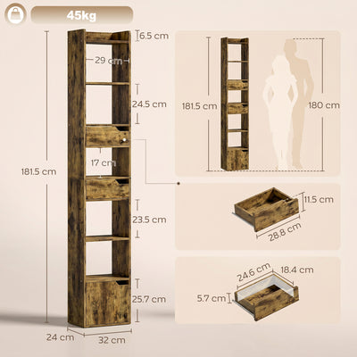 HOMCOM Bookcase Tall Narrow with 5 Tiers and Drawers Freestanding Bookshelf Storage Cabinet for Living Room Rustic Brown