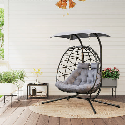Outsunny Rattan Double Hanging Egg Chair with Canopy, Foldable Wicker Swing Egg Chair with Cushion, Head Pillows, Stand, Steel Frame, Hammock Chair for Indoor Outdoor, Capacity 260 kg, Black 